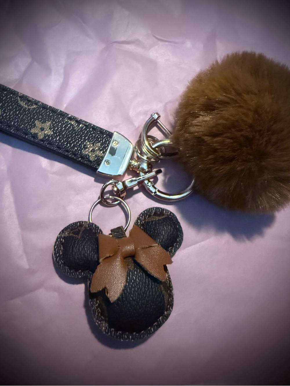 Faux Leather Minnie Keychain with Pom Pom